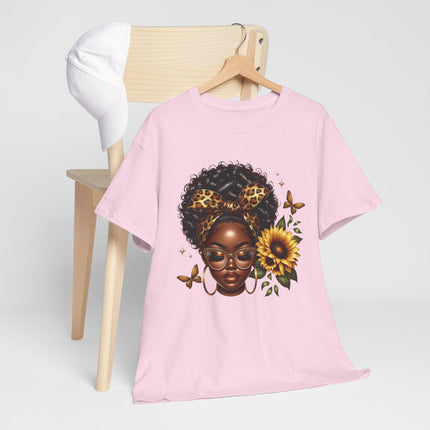 Afro Sunflower Tee — Black Woman Headwrap Graphic T-Shirt