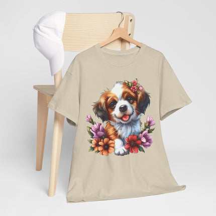 Cute Puppy Floral T‑Shirt — Happy Dog with Flowers Graphic Tee