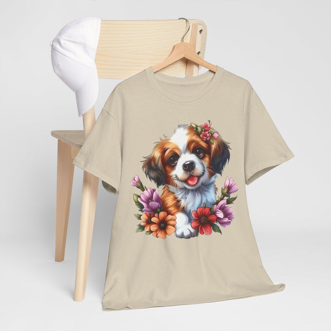 Cute Puppy Floral T‑Shirt — Happy Dog with Flowers Graphic Tee