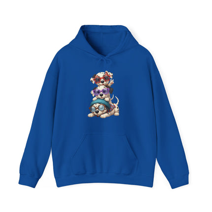 Cute Stacked Puppies Hoodie – Colorful Sunglass Dog Trio Pullover