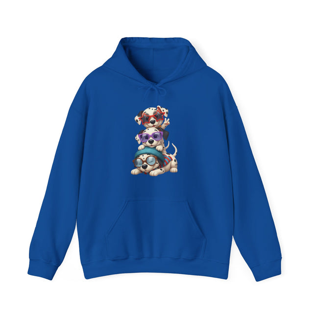 Cute Stacked Puppies Hoodie – Colorful Sunglass Dog Trio Pullover