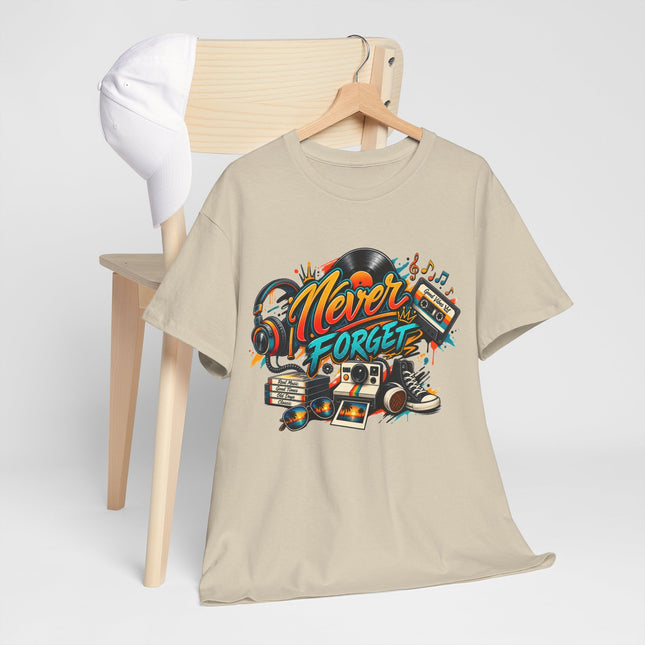 Retro Music Tee — "Never Forget" Vintage Records & Cassette Graphic