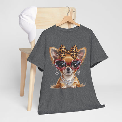 Chic Chihuahua Tee — Leopard Bow & Pearl Dog Graphic T-Shirt