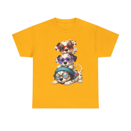Cute Stacked Puppies T-Shirt – Cartoon Dogs Wearing Glasses & Beanie