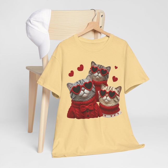 Faux Yarn "Cool Kittens"  T-Shirt — Trio of Cute Cats in Heart Sunglasses