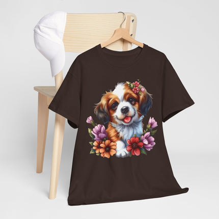 Cute Puppy Floral T‑Shirt — Happy Dog with Flowers Graphic Tee