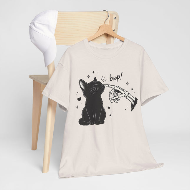Cat Boop T‑Shirt — Black Cat & Skeleton Hand Boop Graphic Tee