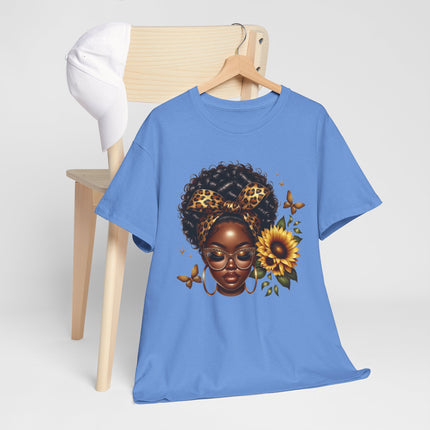 Afro Sunflower Tee — Black Woman Headwrap Graphic T-Shirt