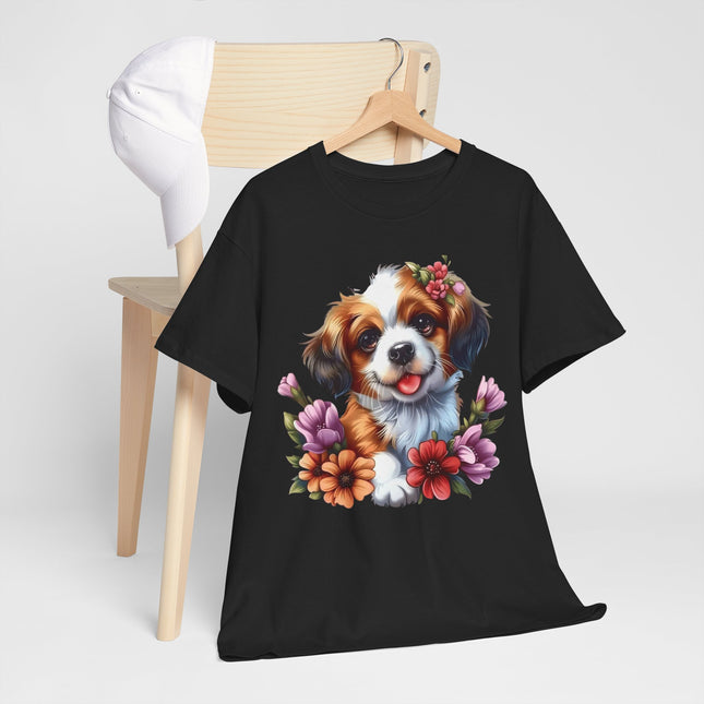 Cute Puppy Floral T‑Shirt — Happy Dog with Flowers Graphic Tee