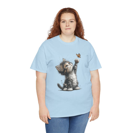 Whimsical Spring Cat #5 - Kitten Reaching for Butterfly Tee | Cute Cat Illustration Shirt