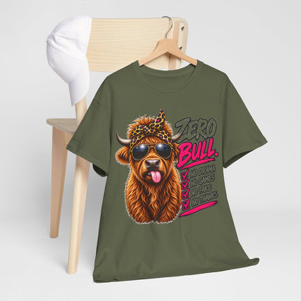 Bull Graphic Tee — "Zero Bull" Funny Highland Cow T‑Shirt