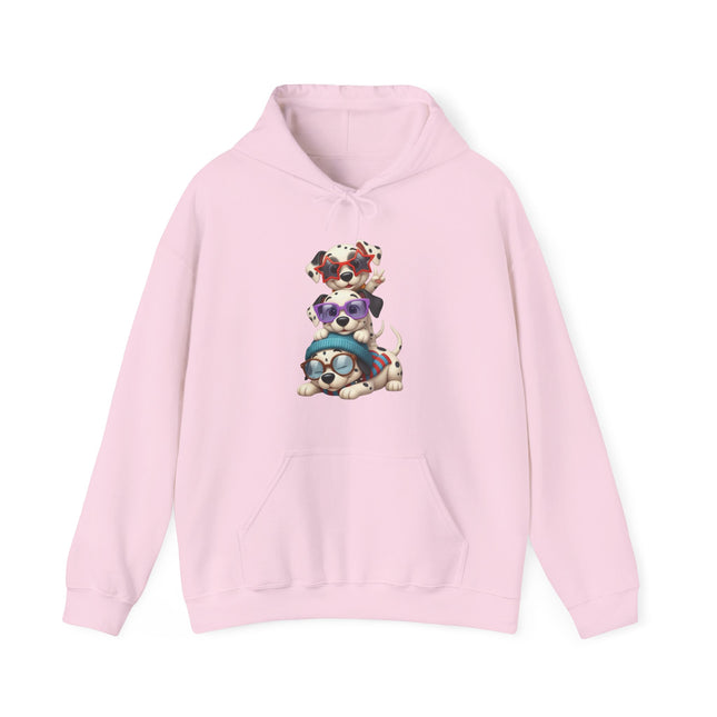 Cute Stacked Puppies Hoodie – Colorful Sunglass Dog Trio Pullover