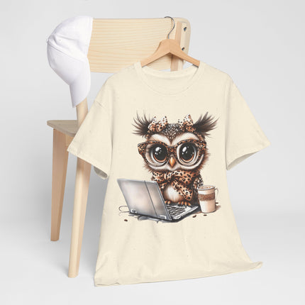 Cute Owl Working at Laptop T-Shirt — Coffee Lover Graphic Tee