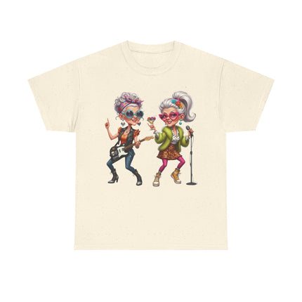Senior Rock Duo Graphic Tee — Retro Grandmas Singing & Playing Guitar