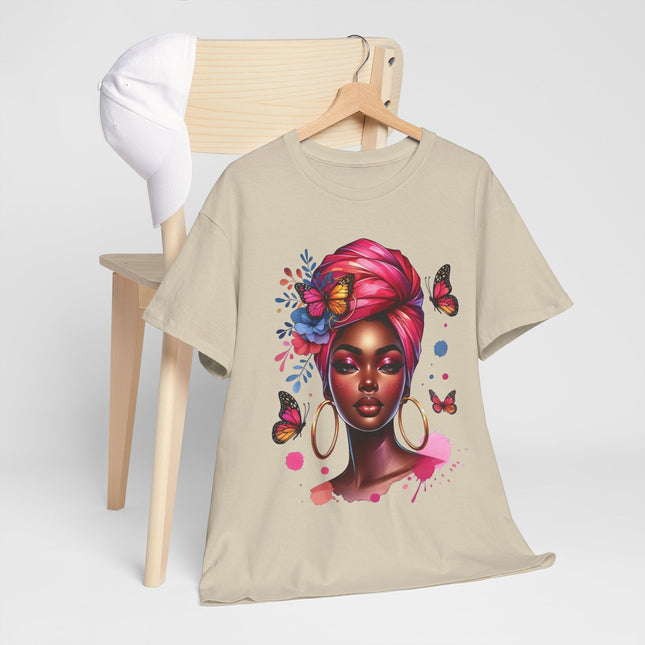 Afrocentric Butterfly Portrait T-Shirt — Woman with Headwrap & Hoop Earrings