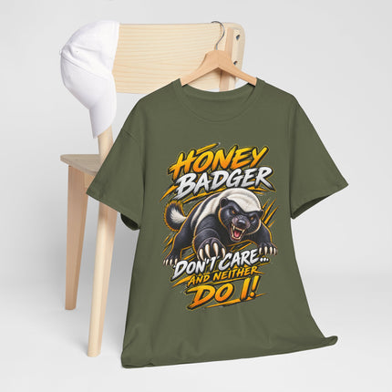 Honey Badger Graphic Tee - "Honey Badger Don't Care and Neither Do I" Bold Animal Illustration Shirt