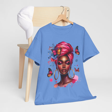 Afrocentric Butterfly Portrait T-Shirt — Woman with Headwrap & Hoop Earrings
