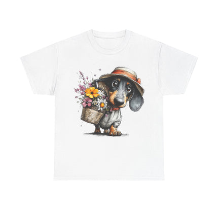 Dachshund with Flower Basket T‑Shirt — Cute Puppy Garden Tee