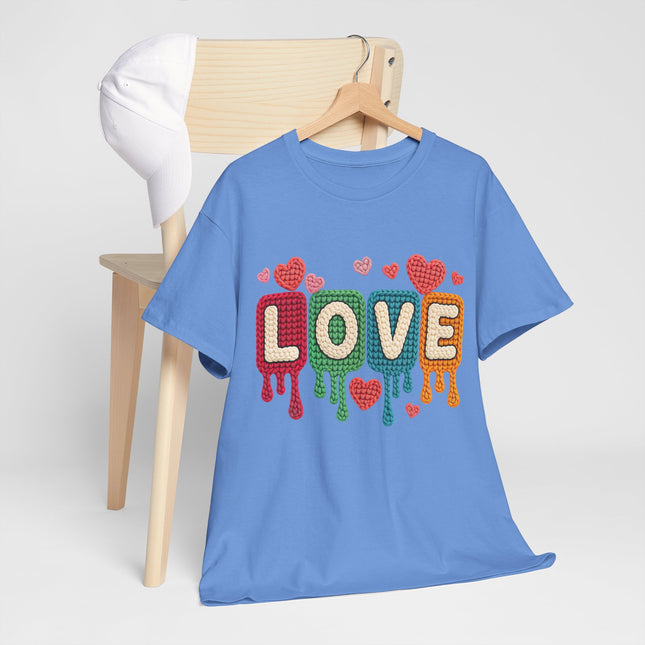 Faux Yarn "LOVE" Drip Graphic Tee — Colorful Retro Heart Design