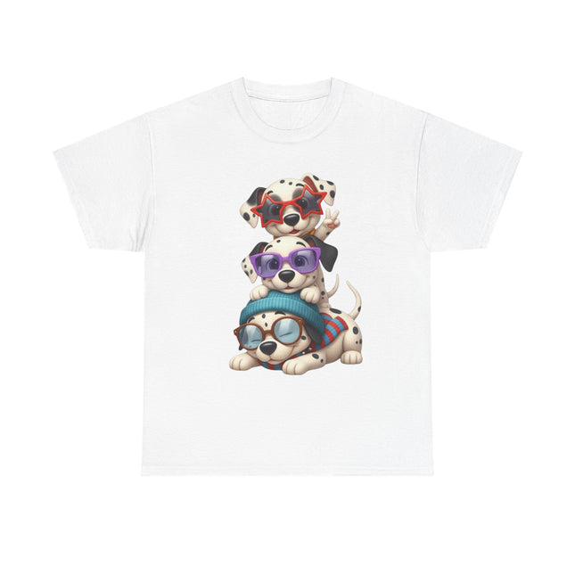 Cute Stacked Puppies T-Shirt – Cartoon Dogs Wearing Glasses & Beanie