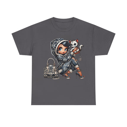 Retro Fashion Doll Tee with Cat – Cute Big Eye Cartoon Streetwear Graphic T-Shirt for Women Trendy Urban Style Top