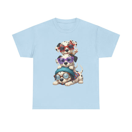 Cute Stacked Puppies T-Shirt – Cartoon Dogs Wearing Glasses & Beanie