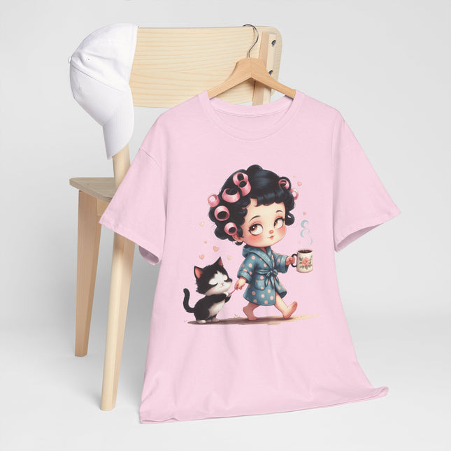 Cute Morning Routine Tee — Cartoon Girl in Rollers with Cat & Coffee
