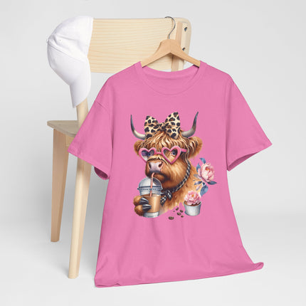 Cute Highland Cow Tee with Heart Sunglasses, Leopard Bow & Coffee — Cow Mom Gift