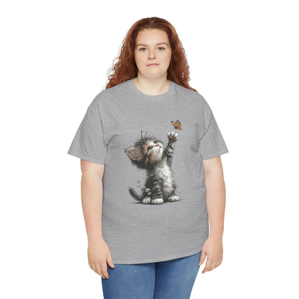 Whimsical Spring Cat #5 - Kitten Reaching for Butterfly Tee | Cute Cat Illustration Shirt
