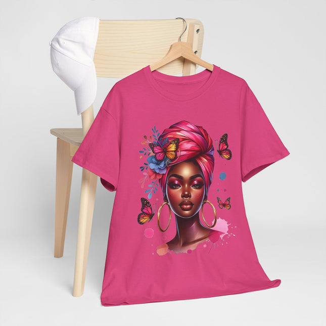 Afrocentric Butterfly Portrait T-Shirt — Woman with Headwrap & Hoop Earrings