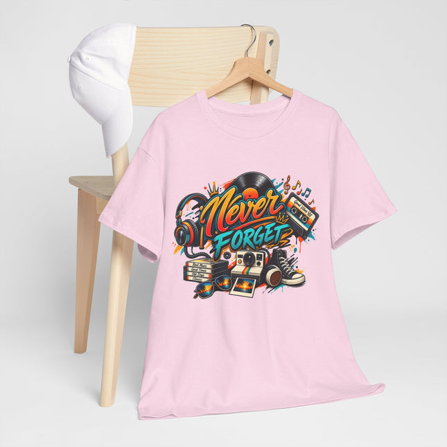 Retro Music Tee — "Never Forget" Vintage Records & Cassette Graphic