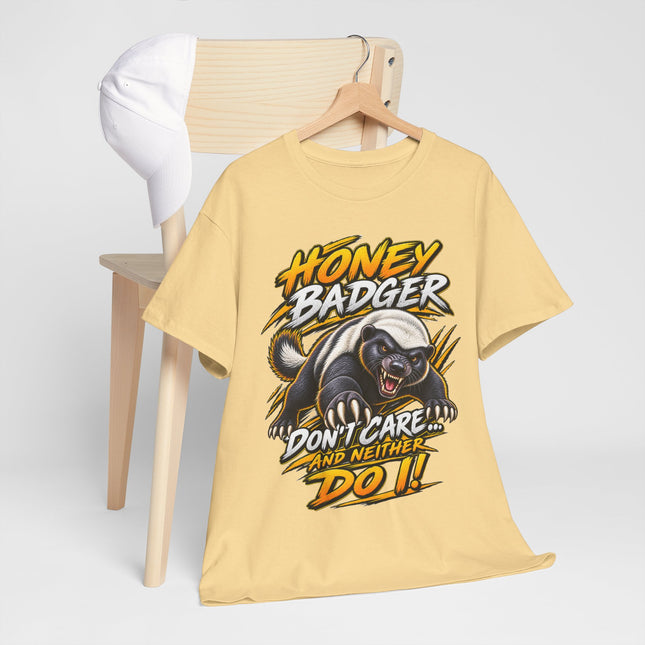 Honey Badger Graphic Tee - "Honey Badger Don't Care and Neither Do I" Bold Animal Illustration Shirt