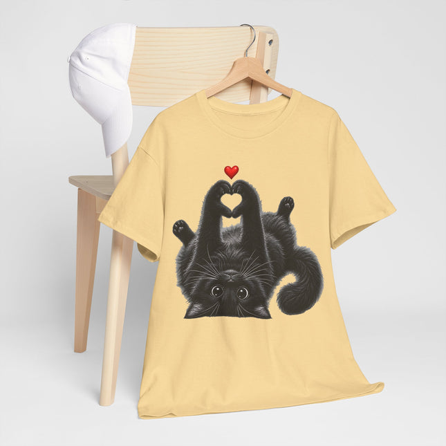 Cat Heart Tee — Cute Black Cat Lying Upside Down with Heart Graphic
