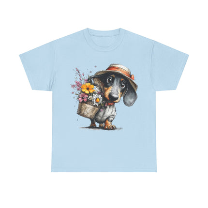Dachshund with Flower Basket T‑Shirt — Cute Puppy Garden Tee
