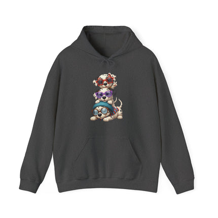 Cute Stacked Puppies Hoodie – Colorful Sunglass Dog Trio Pullover