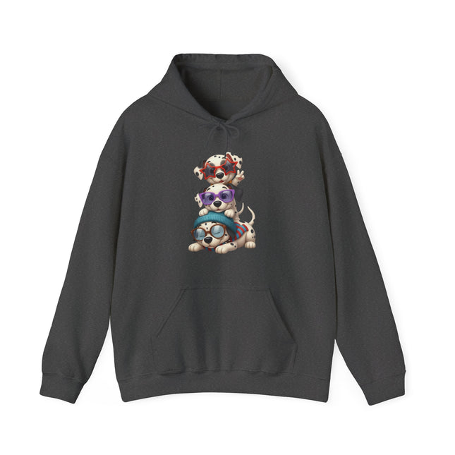 Cute Stacked Puppies Hoodie – Colorful Sunglass Dog Trio Pullover