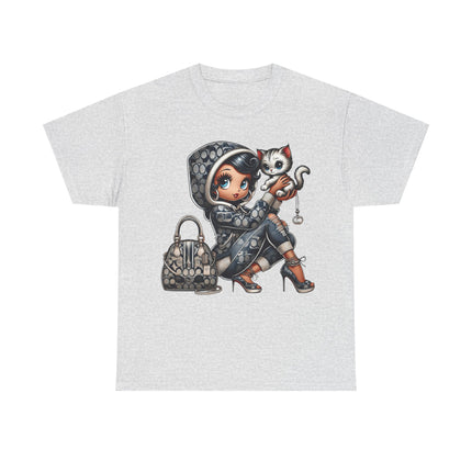 Retro Fashion Doll Tee with Cat – Cute Big Eye Cartoon Streetwear Graphic T-Shirt for Women Trendy Urban Style Top
