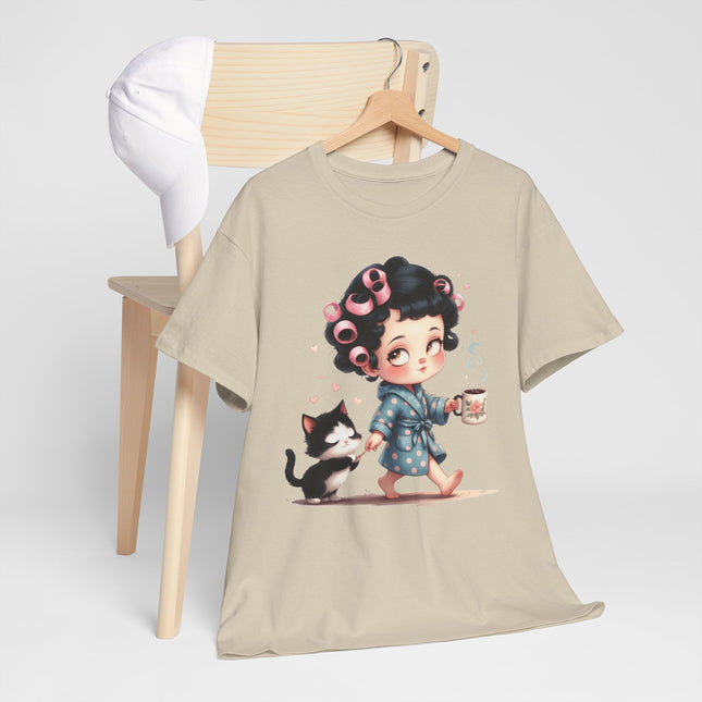 Cute Morning Routine Tee — Cartoon Girl in Rollers with Cat & Coffee