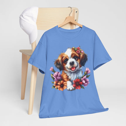 Cute Puppy Floral T‑Shirt — Happy Dog with Flowers Graphic Tee