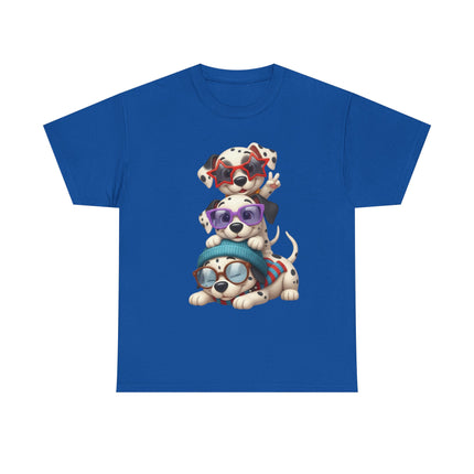 Cute Stacked Puppies T-Shirt – Cartoon Dogs Wearing Glasses & Beanie