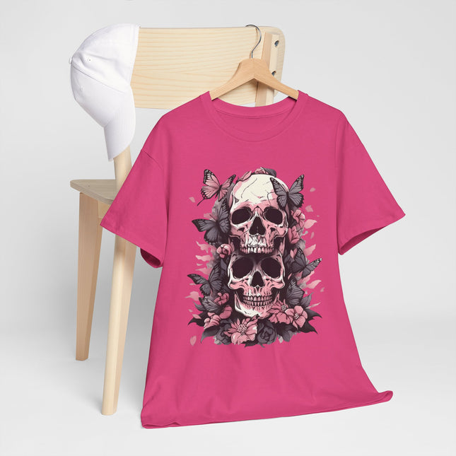 Skull & Pink Roses Tee - Gothic Floral Skull T-Shirt