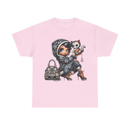 Retro Fashion Doll Tee with Cat – Cute Big Eye Cartoon Streetwear Graphic T-Shirt for Women Trendy Urban Style Top