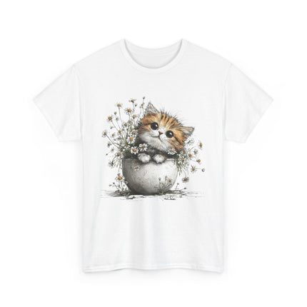 Whimsical Spring Cat #7 - Kitten Reaching for Butterfly Tee | Cute Cat Illustration Shirt