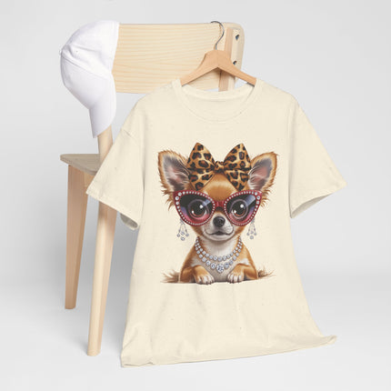 Chic Chihuahua Tee — Leopard Bow & Pearl Dog Graphic T-Shirt