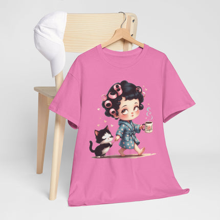 Cute Morning Routine Tee — Cartoon Girl in Rollers with Cat & Coffee