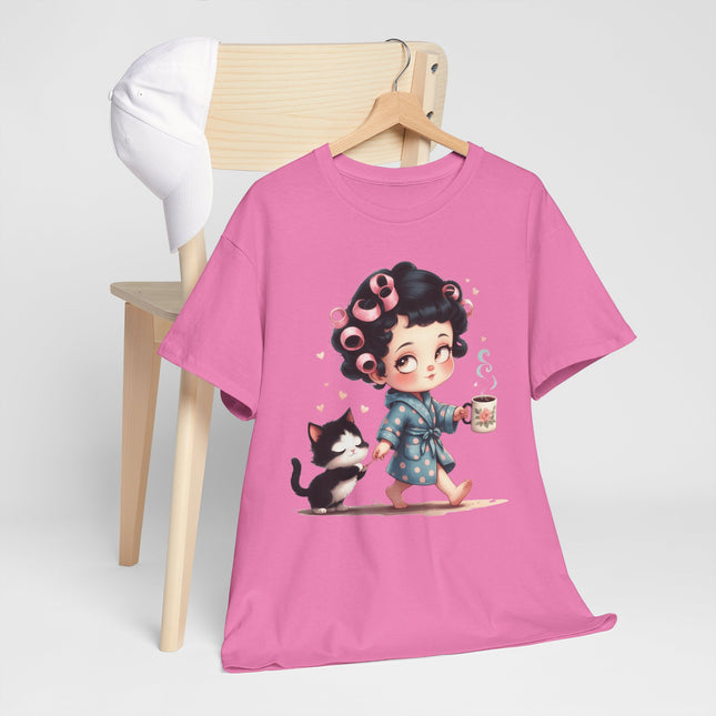 Cute Morning Routine Tee — Cartoon Girl in Rollers with Cat & Coffee