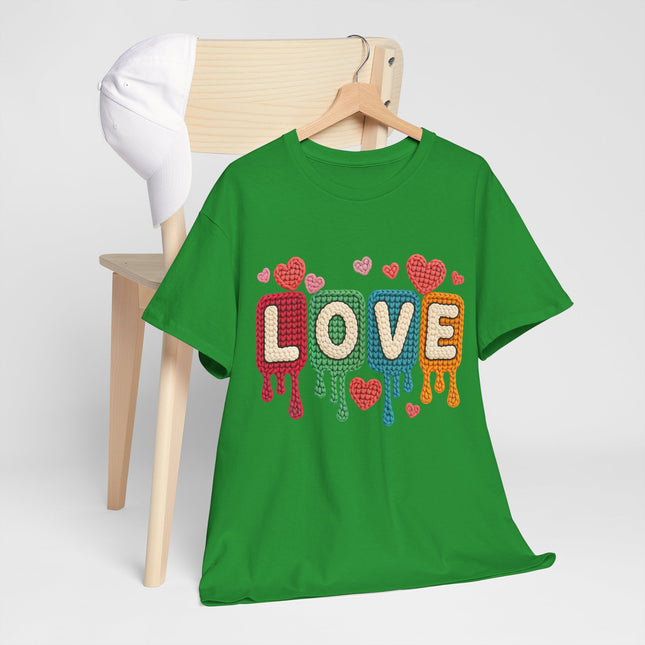 Faux Yarn "LOVE" Drip Graphic Tee — Colorful Retro Heart Design