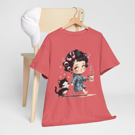 Cute Morning Routine Tee — Cartoon Girl in Rollers with Cat & Coffee