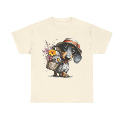 Dachshund with Flower Basket T‑Shirt — Cute Puppy Garden Tee