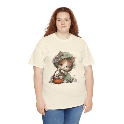 Whimsical Spring Cat #31 - Kitten Reaching for Butterfly Tee | Cute Cat Illustration Shirt